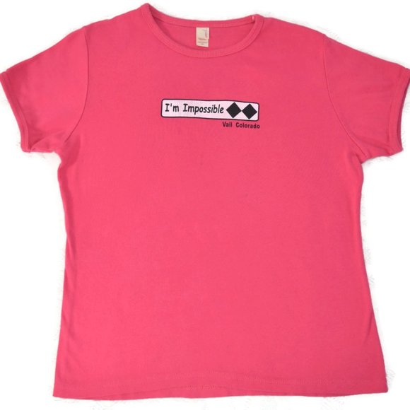 Vail Colorado I’m Impossible Double Black Diamond Pink Ski Souvenir T-Shirt YXL - Picture 1 of 10